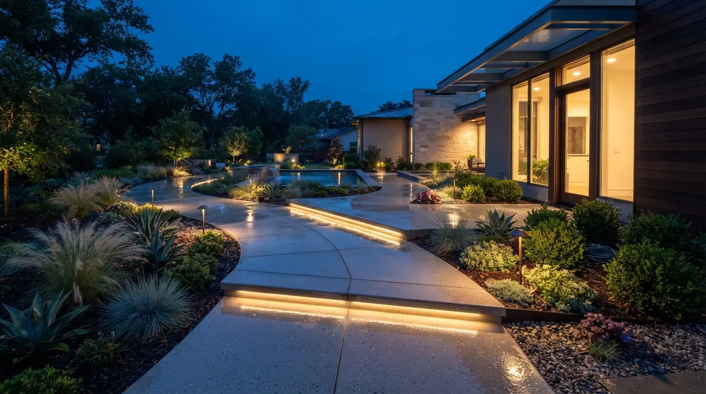Curving concrete walkway with lit steps through a planted garden at dusk