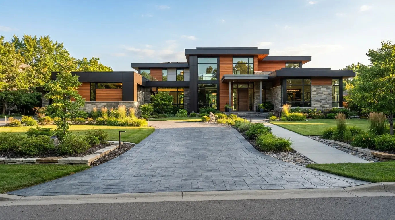 Gray stamped concrete driveway with a slate pattern in front of a modern house
